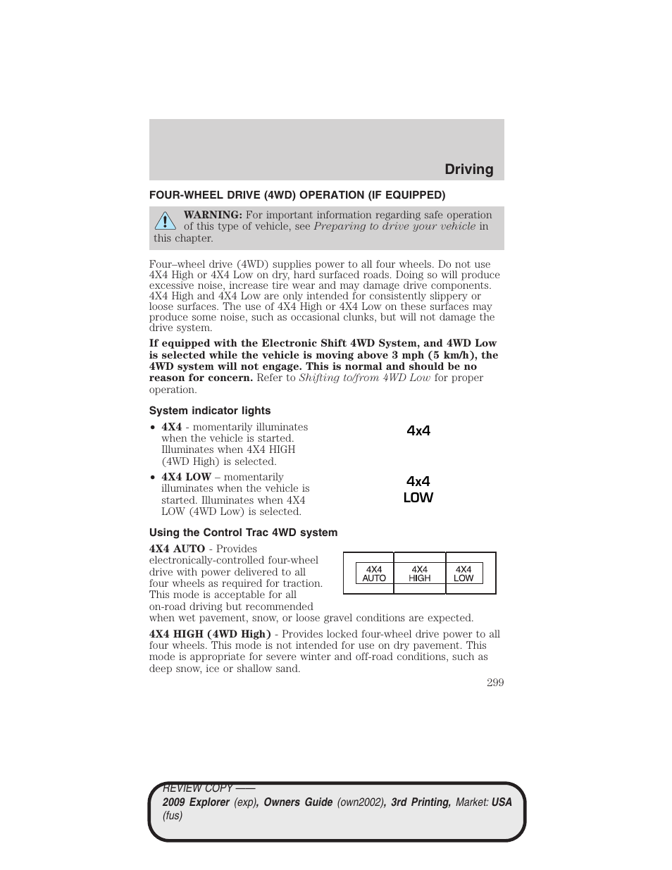 Four-wheel drive (4wd) operation (if equipped), System indicator lights, Using the control trac 4wd system | Driving | FORD 2009 Explorer v.3 User Manual | Page 299 / 405