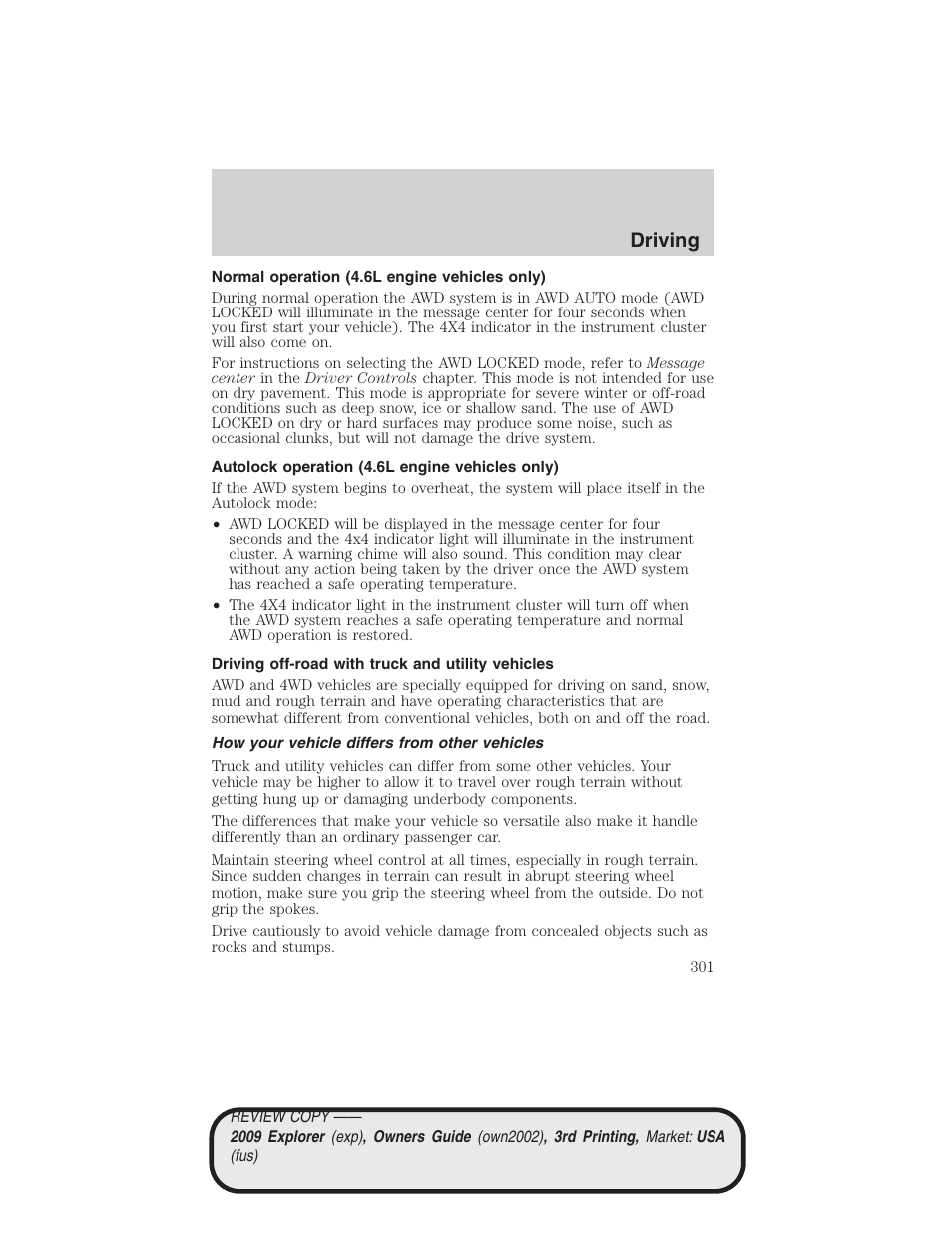 Normal operation (4.6l engine vehicles only), Autolock operation (4.6l engine vehicles only), Driving off-road with truck and utility vehicles | How your vehicle differs from other vehicles, Driving | FORD 2009 Explorer v.3 User Manual | Page 301 / 405