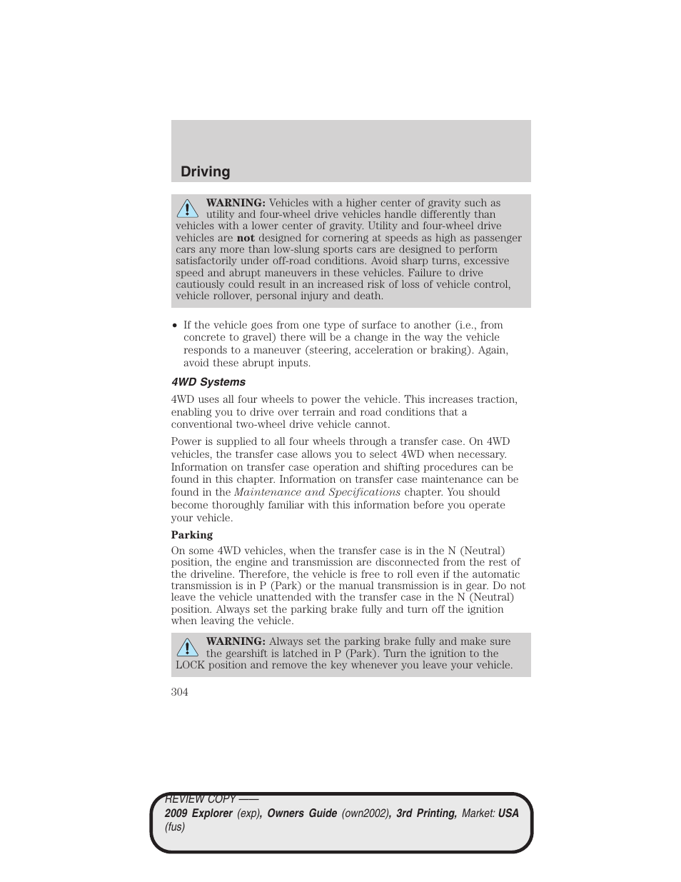 4wd systems, Driving | FORD 2009 Explorer v.3 User Manual | Page 304 / 405