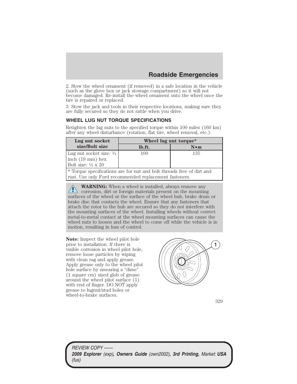 Wheel lug nut torque specifications, Wheel lug nut torque, Roadside emergencies | FORD 2009 Explorer v.3 User Manual | Page 329 / 405