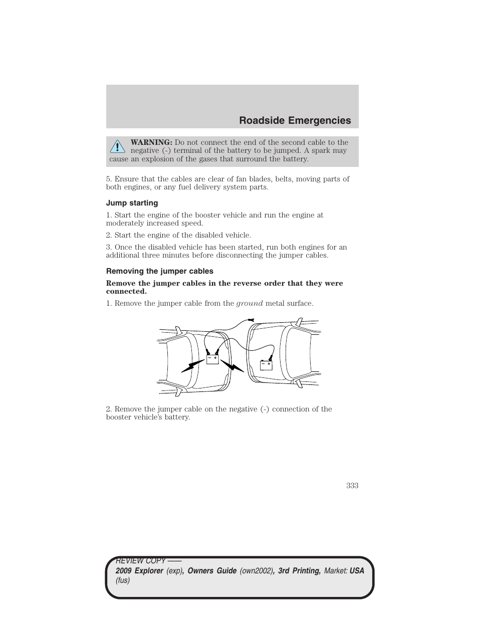 Jump starting, Removing the jumper cables, Roadside emergencies | FORD 2009 Explorer v.3 User Manual | Page 333 / 405