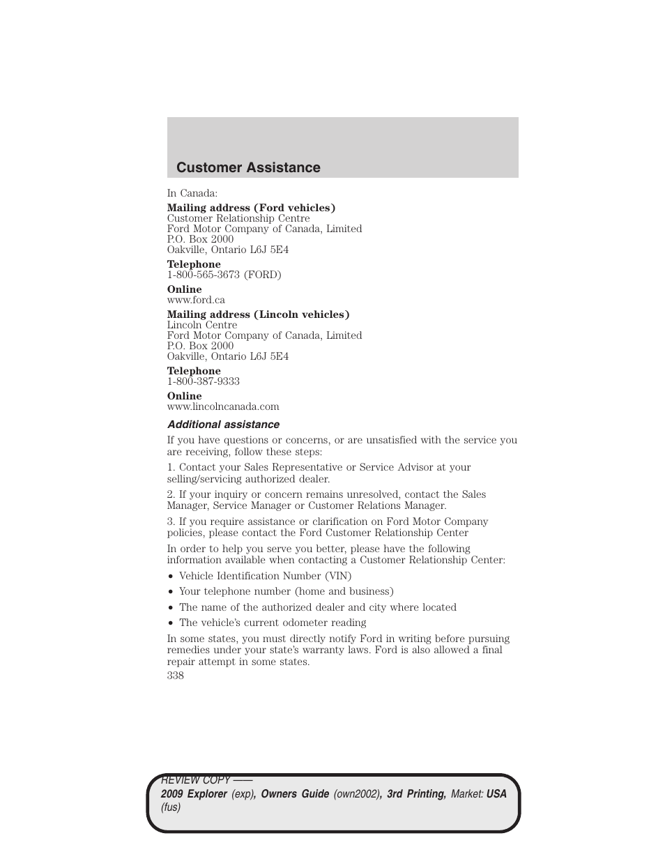 Additional assistance, Customer assistance | FORD 2009 Explorer v.3 User Manual | Page 338 / 405