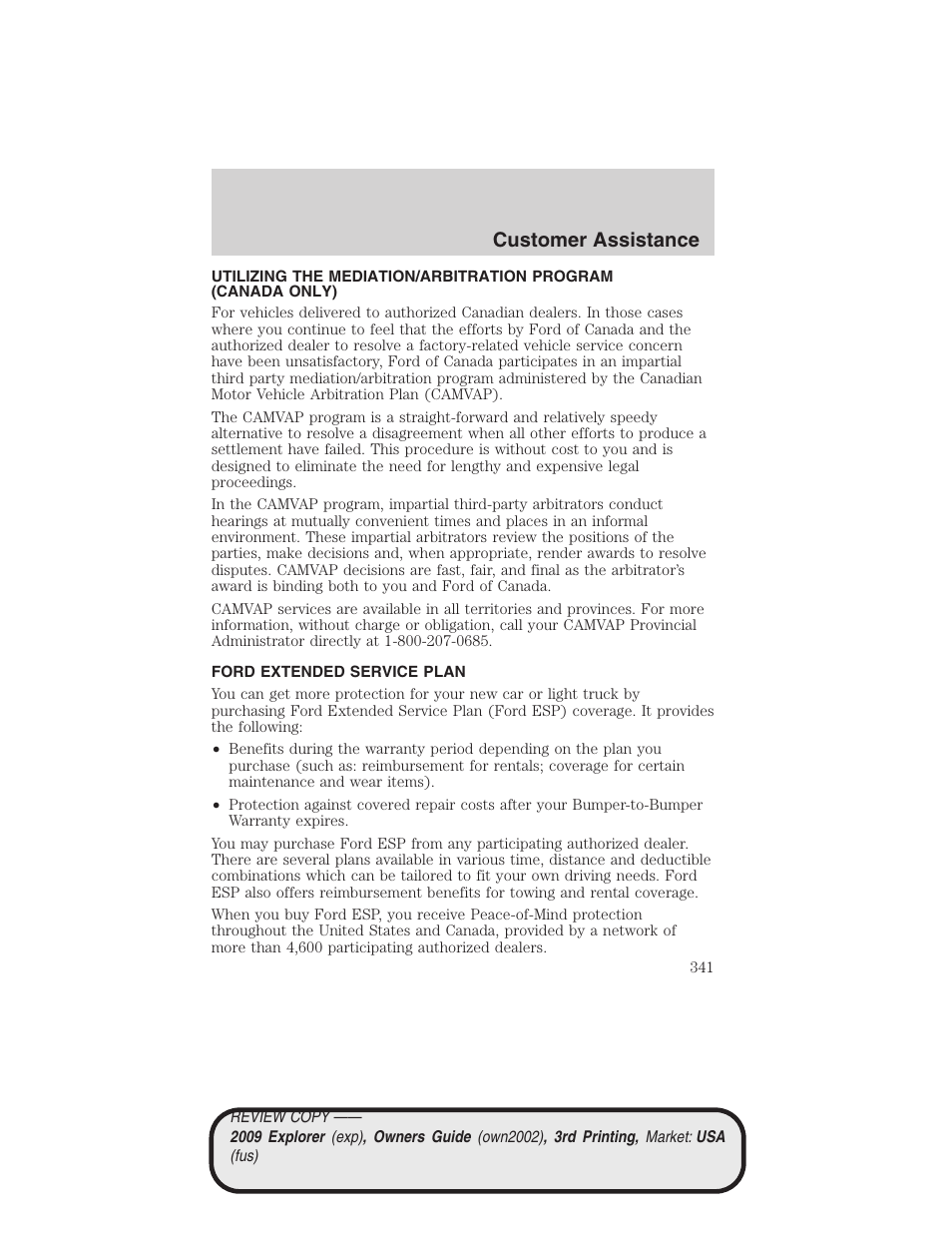 Ford extended service plan, Customer assistance | FORD 2009 Explorer v.3 User Manual | Page 341 / 405