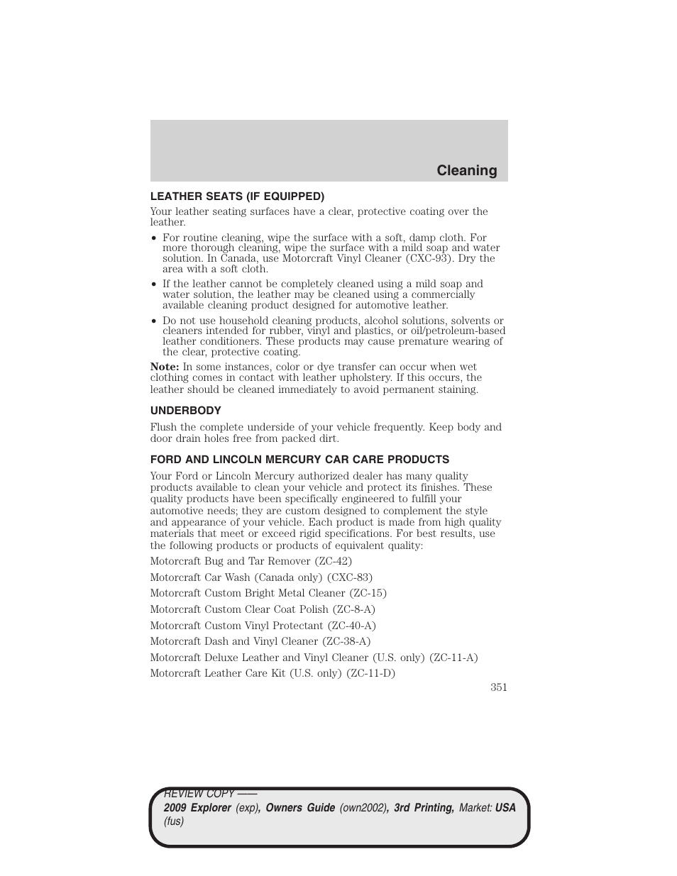 Leather seats (if equipped), Underbody, Ford and lincoln mercury car care products | Cleaning | FORD 2009 Explorer v.3 User Manual | Page 351 / 405