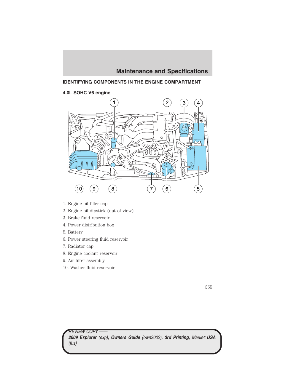 Identifying components in the engine compartment, 0l sohc v6 engine, Engine compartment | Maintenance and specifications | FORD 2009 Explorer v.3 User Manual | Page 355 / 405