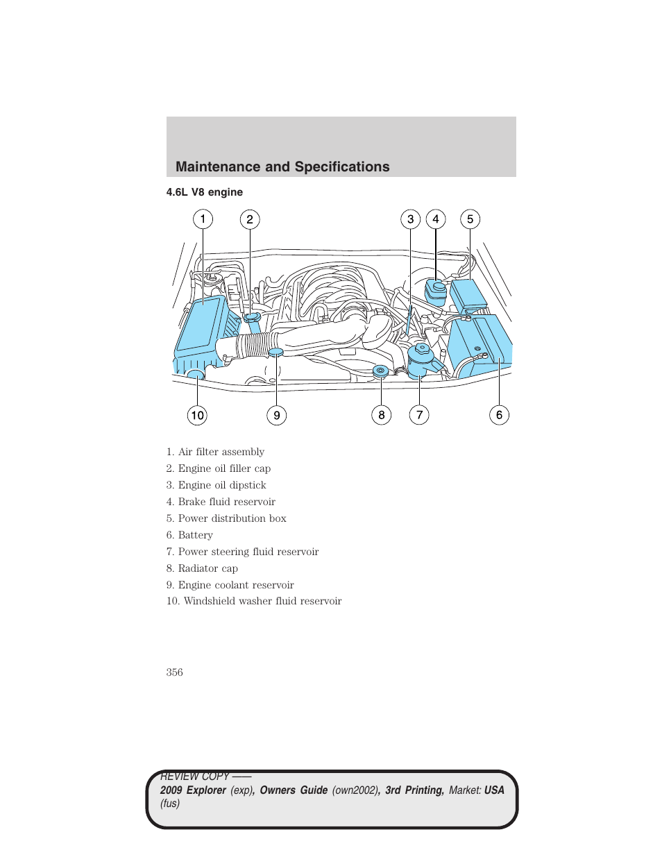 6l v8 engine, Maintenance and specifications | FORD 2009 Explorer v.3 User Manual | Page 356 / 405