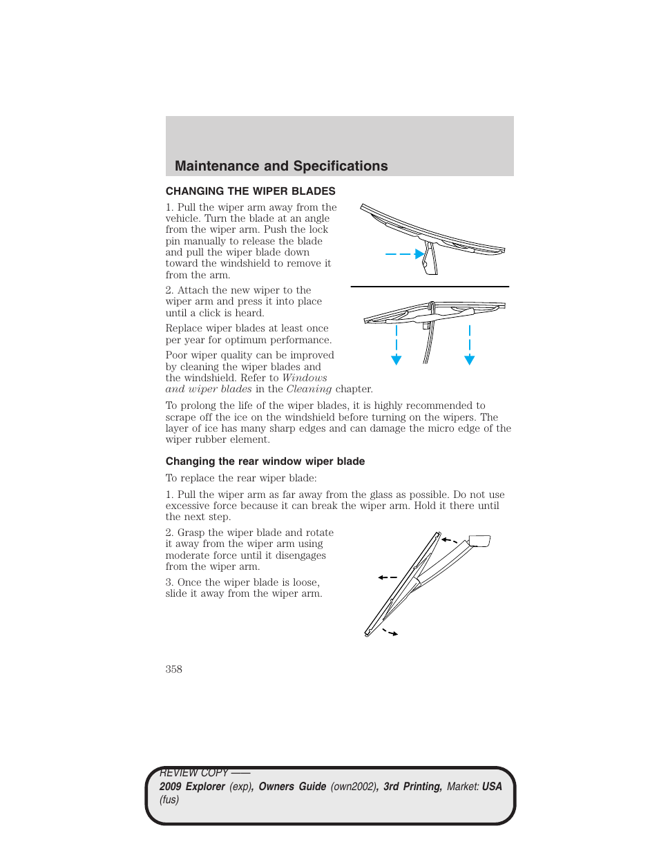 Changing the wiper blades, Changing the rear window wiper blade, Maintenance and specifications | FORD 2009 Explorer v.3 User Manual | Page 358 / 405