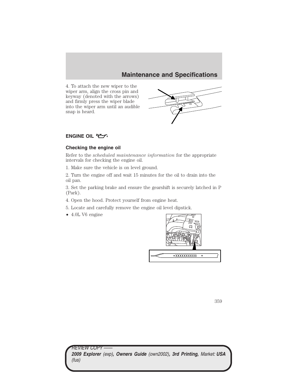 Engine oil, Checking the engine oil, Maintenance and specifications | FORD 2009 Explorer v.3 User Manual | Page 359 / 405