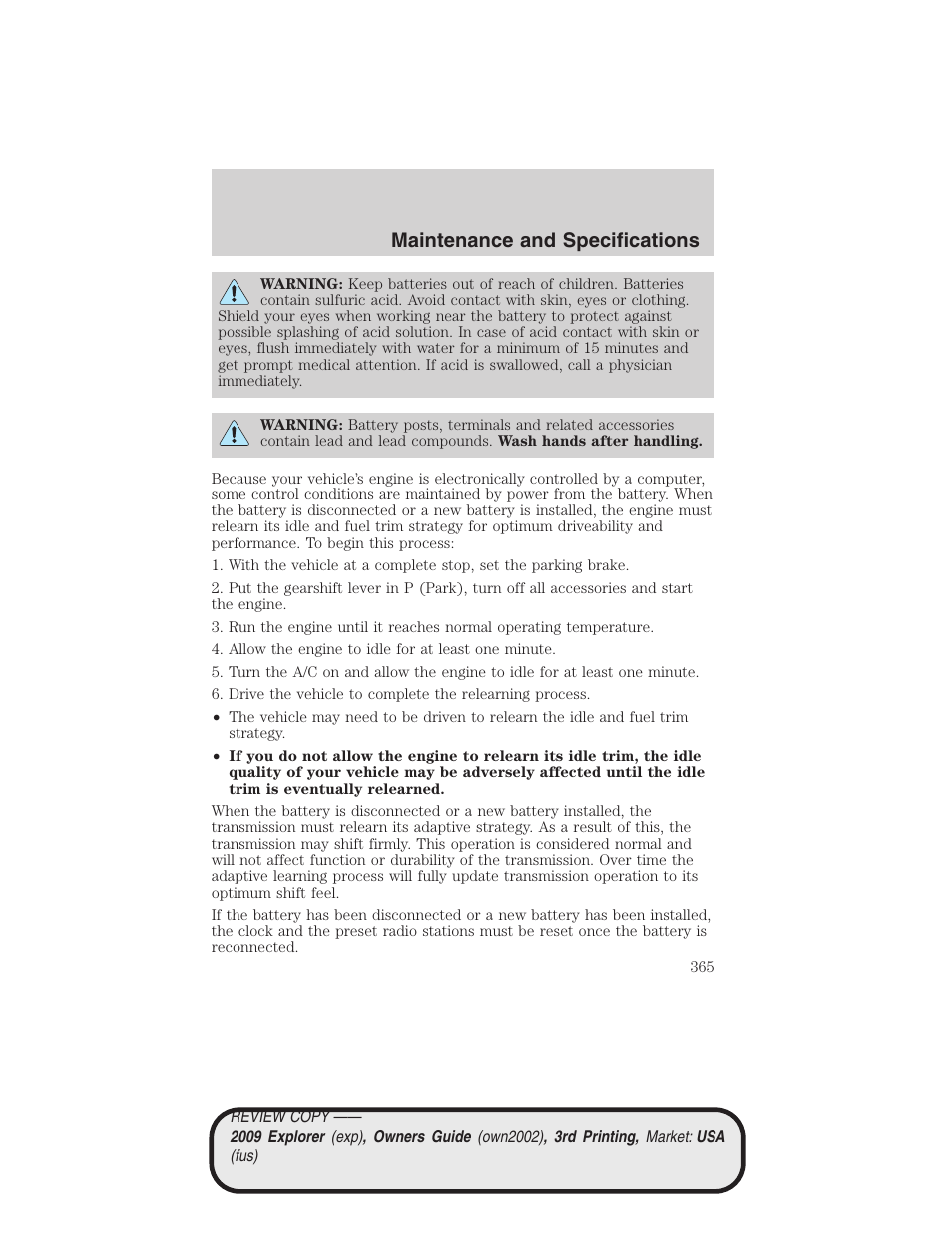 Maintenance and specifications | FORD 2009 Explorer v.3 User Manual | Page 365 / 405