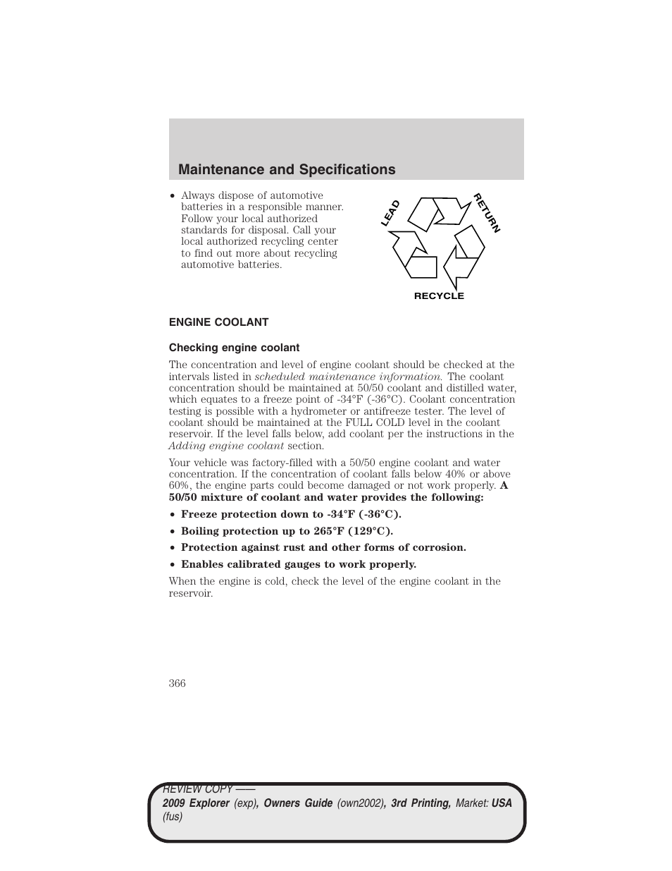 Engine coolant, Checking engine coolant, Maintenance and specifications | FORD 2009 Explorer v.3 User Manual | Page 366 / 405