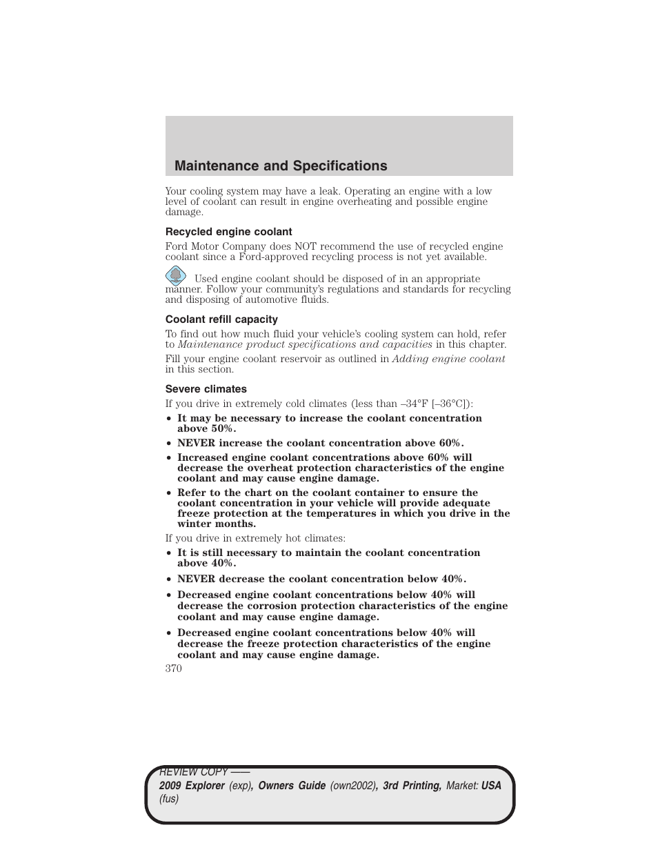 Recycled engine coolant, Coolant refill capacity, Severe climates | Maintenance and specifications | FORD 2009 Explorer v.3 User Manual | Page 370 / 405