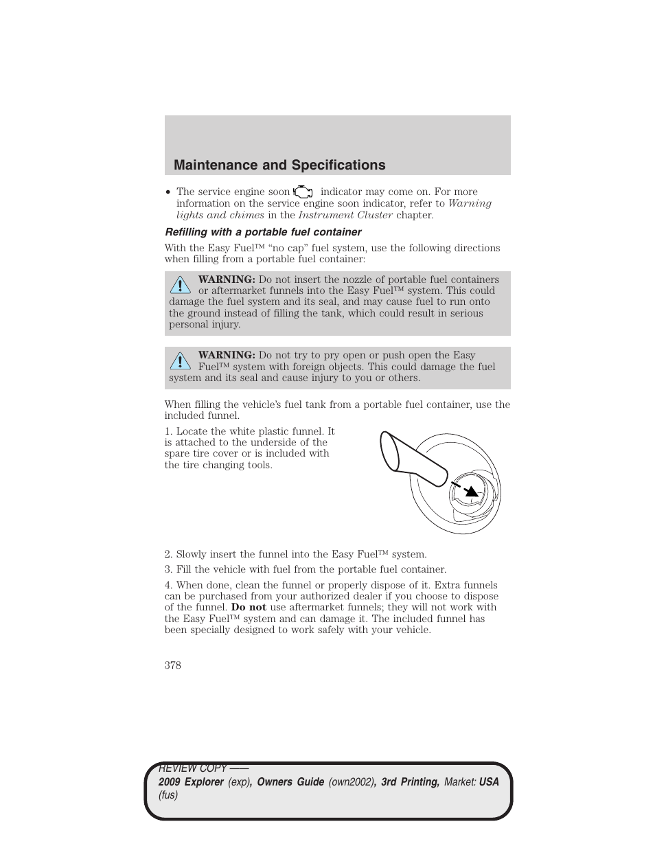 Refilling with a portable fuel container, Maintenance and specifications | FORD 2009 Explorer v.3 User Manual | Page 378 / 405