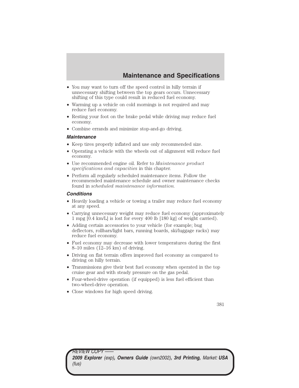 Maintenance, Conditions, Maintenance and specifications | FORD 2009 Explorer v.3 User Manual | Page 381 / 405