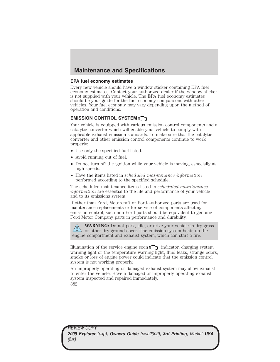 Epa fuel economy estimates, Emission control system, Maintenance and specifications | FORD 2009 Explorer v.3 User Manual | Page 382 / 405