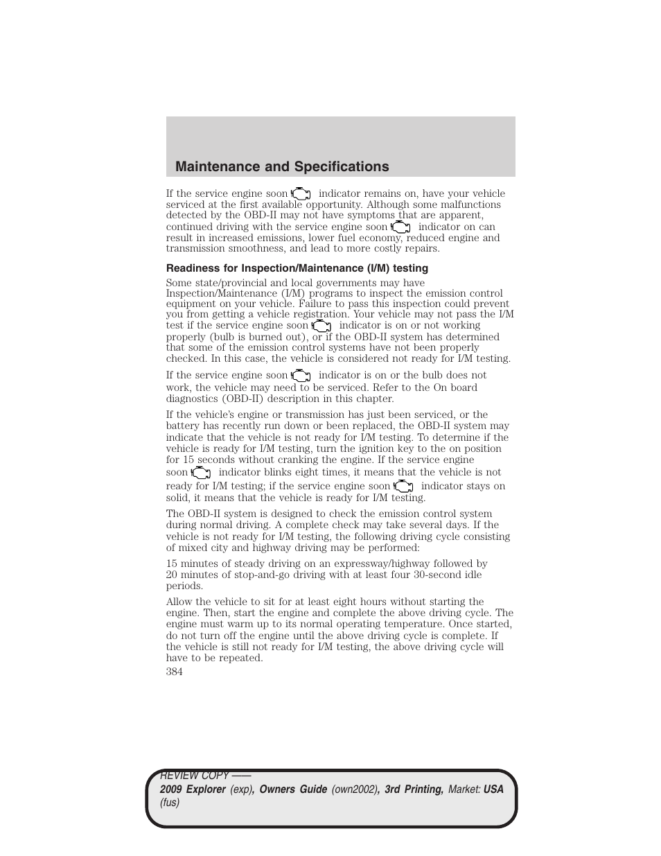 Readiness for inspection/maintenance (i/m) testing, Maintenance and specifications | FORD 2009 Explorer v.3 User Manual | Page 384 / 405