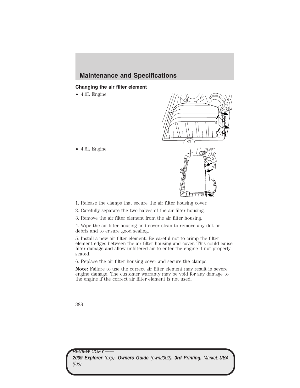 Changing the air filter element, Maintenance and specifications | FORD 2009 Explorer v.3 User Manual | Page 388 / 405
