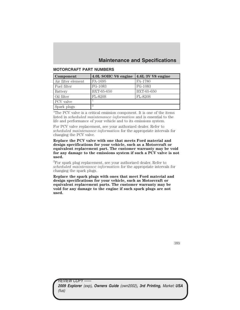 Motorcraft part numbers, Part numbers, Maintenance and specifications | FORD 2009 Explorer v.3 User Manual | Page 389 / 405