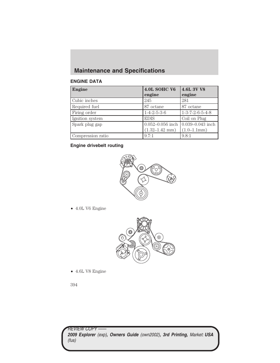 Engine data, Engine drivebelt routing, Maintenance and specifications | FORD 2009 Explorer v.3 User Manual | Page 394 / 405