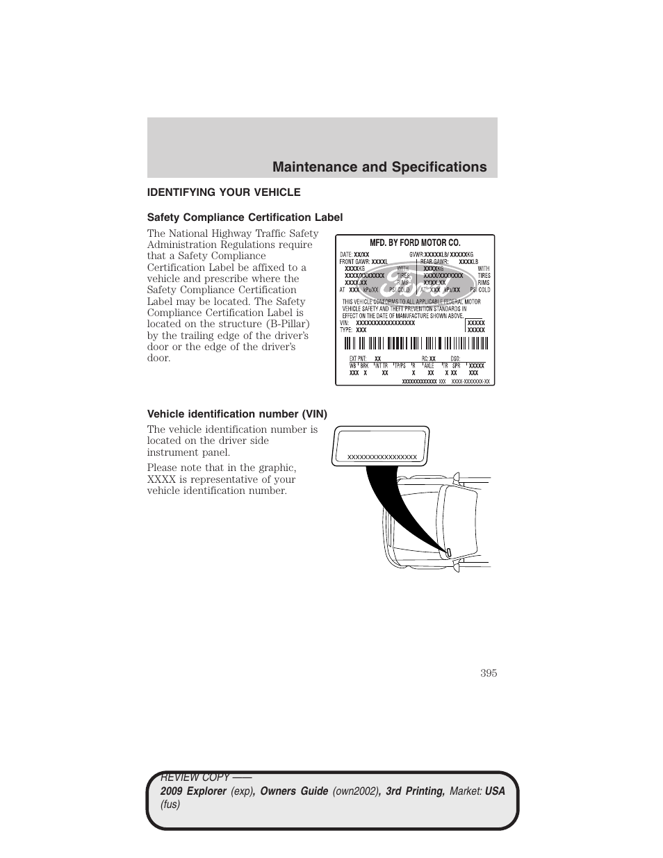Identifying your vehicle, Safety compliance certification label, Vehicle identification number (vin) | Maintenance and specifications | FORD 2009 Explorer v.3 User Manual | Page 395 / 405
