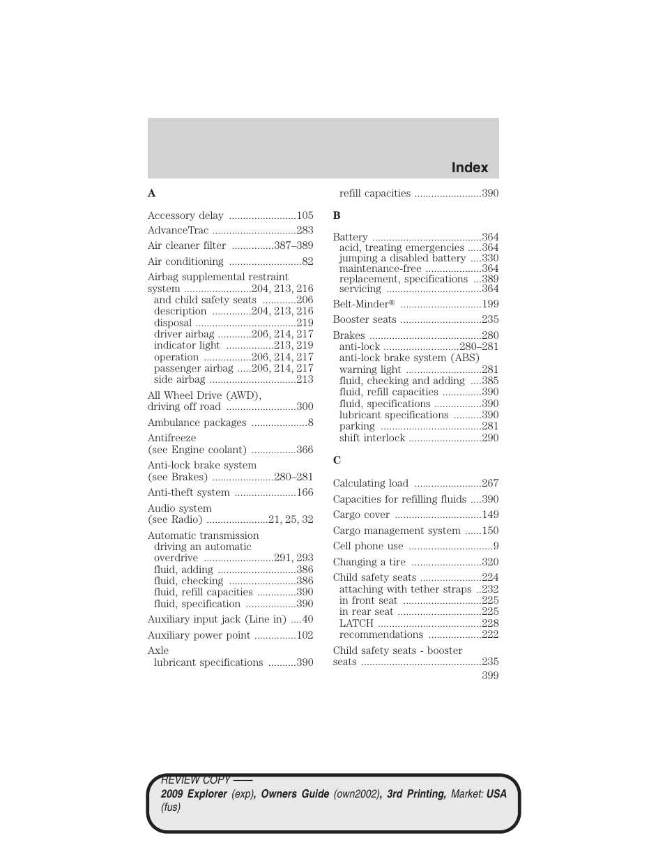 Index | FORD 2009 Explorer v.3 User Manual | Page 399 / 405
