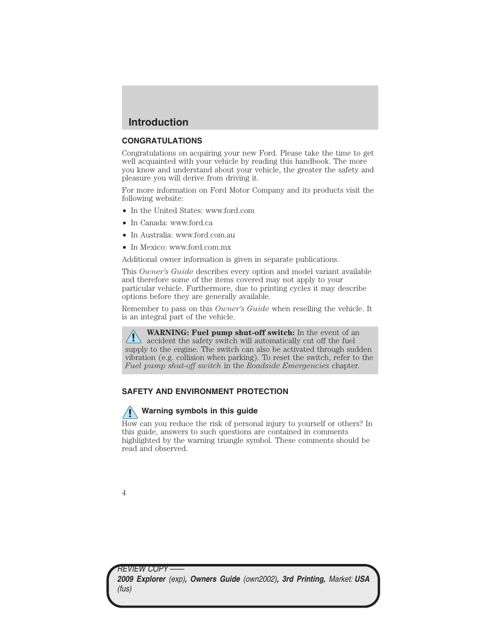 Introduction, Congratulations, Safety and environment protection | Warning symbols in this guide | FORD 2009 Explorer v.3 User Manual | Page 4 / 405