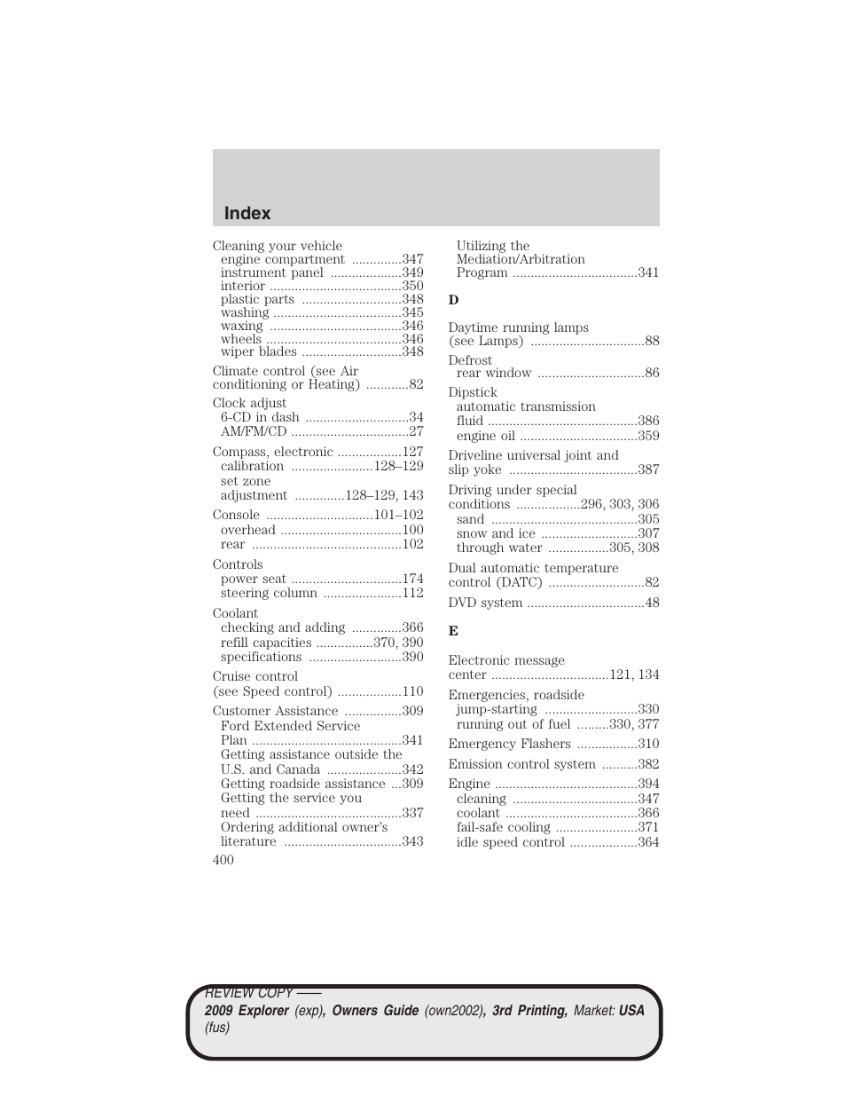 Index | FORD 2009 Explorer v.3 User Manual | Page 400 / 405