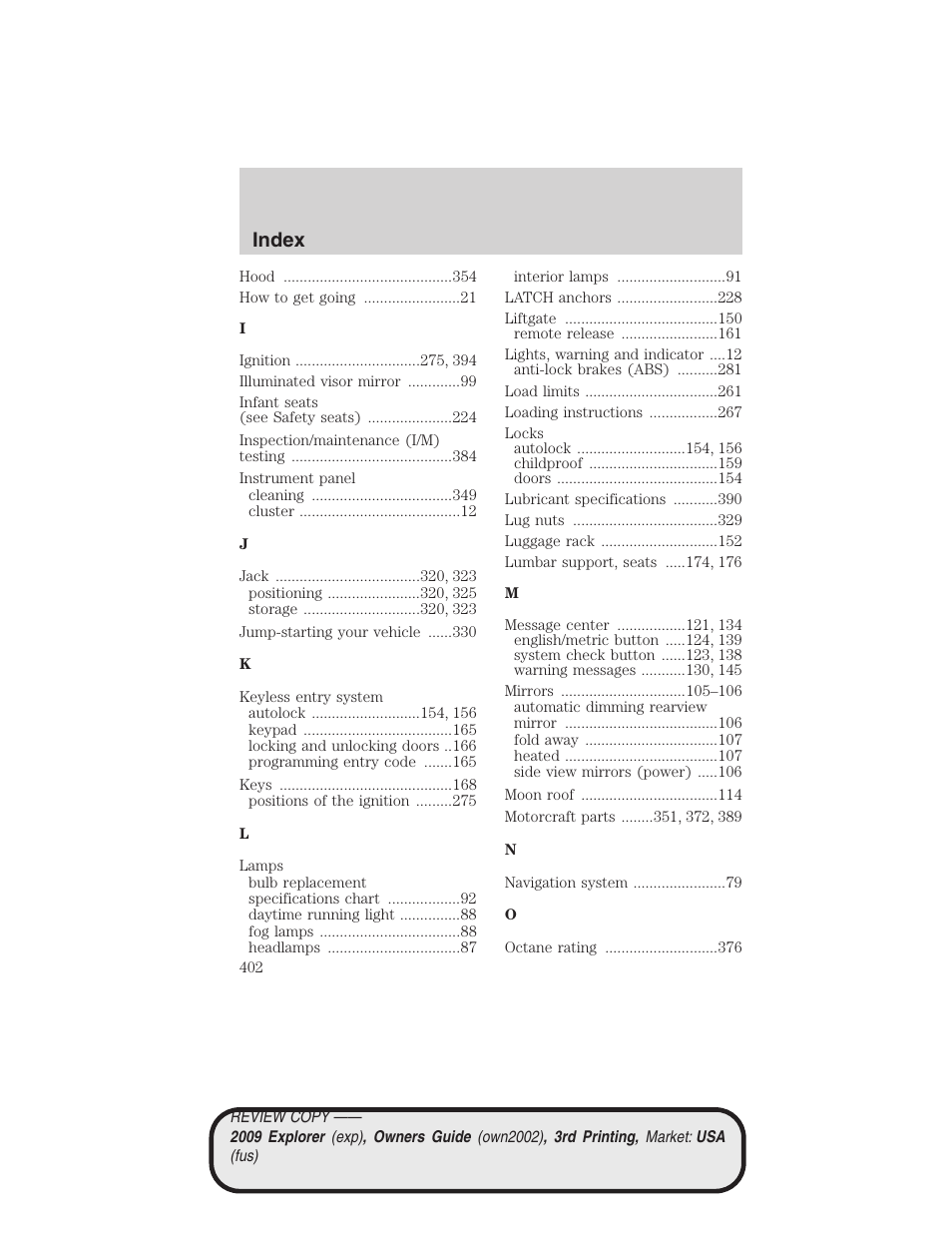 Index | FORD 2009 Explorer v.3 User Manual | Page 402 / 405