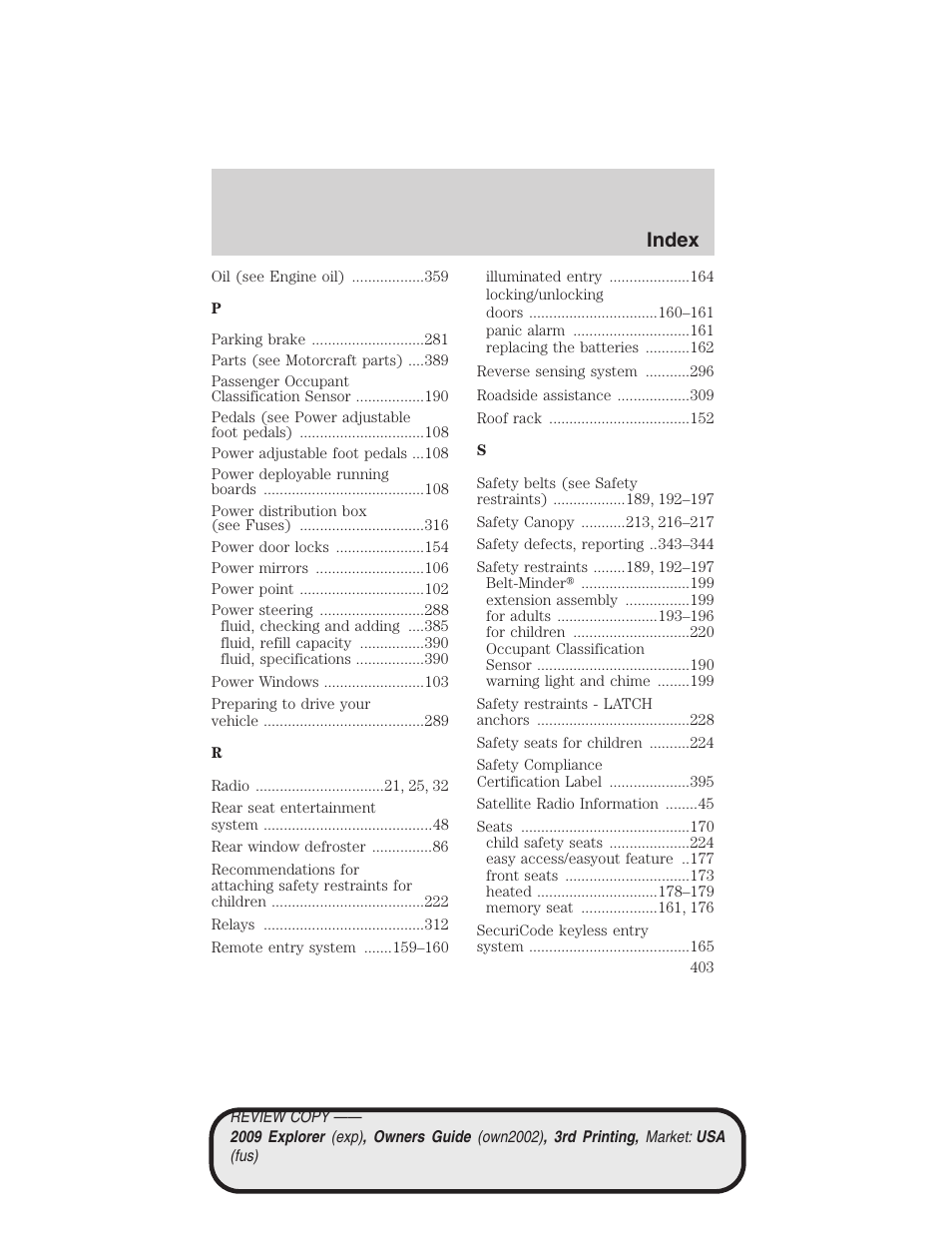 Index | FORD 2009 Explorer v.3 User Manual | Page 403 / 405