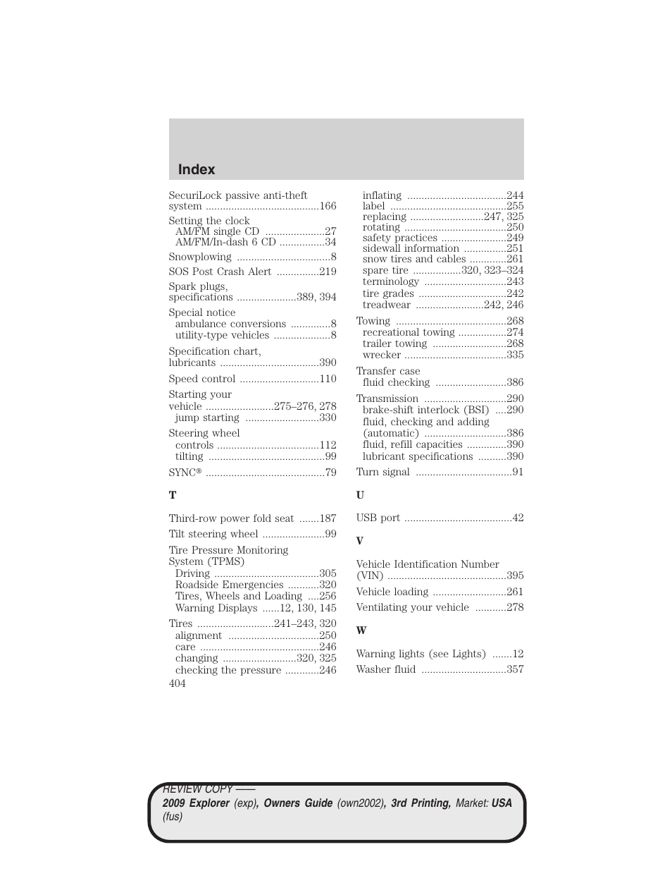 Index | FORD 2009 Explorer v.3 User Manual | Page 404 / 405