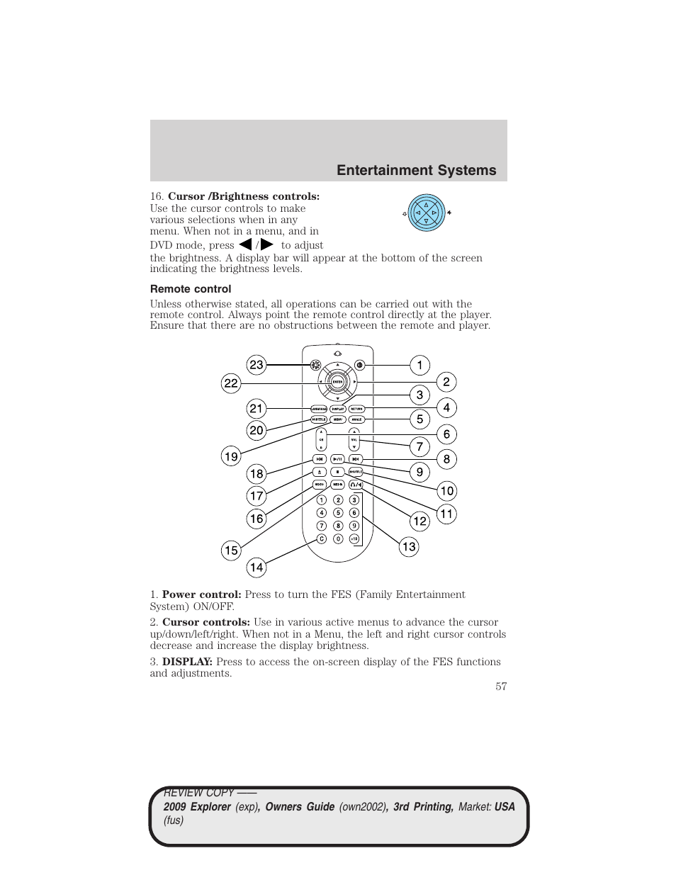 Remote control, Entertainment systems | FORD 2009 Explorer v.3 User Manual | Page 57 / 405