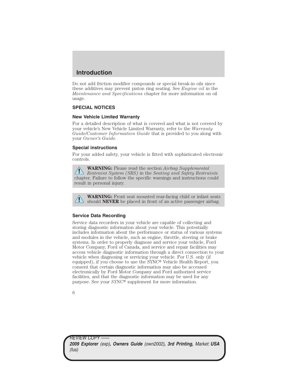 Special notices, New vehicle limited warranty, Special instructions | Service data recording, Introduction | FORD 2009 Explorer v.3 User Manual | Page 6 / 405