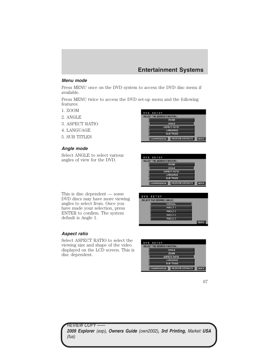 Menu mode, Angle mode, Aspect ratio | Entertainment systems | FORD 2009 Explorer v.3 User Manual | Page 67 / 405