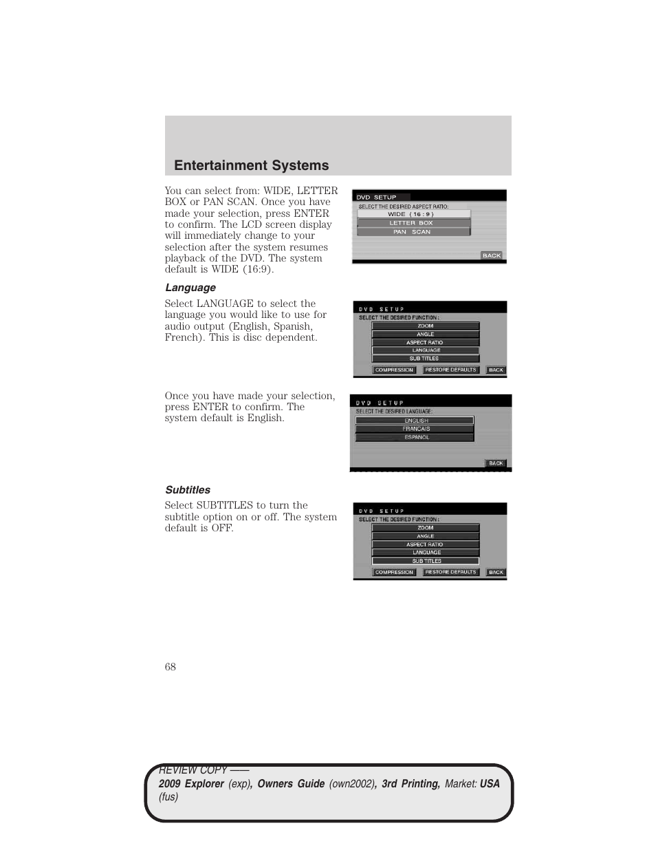 Language, Subtitles, Entertainment systems | FORD 2009 Explorer v.3 User Manual | Page 68 / 405