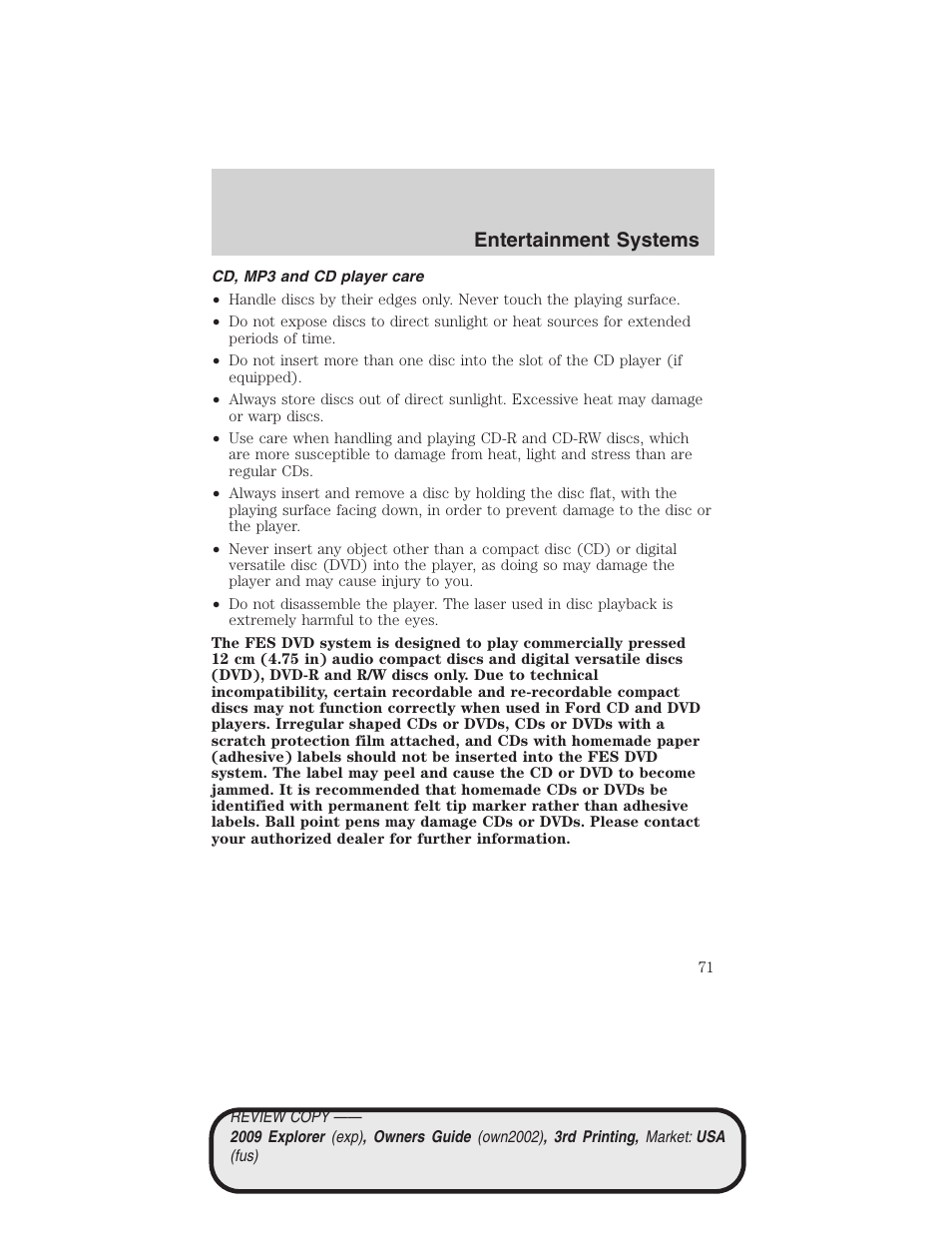 Cd, mp3 and cd player care, Entertainment systems | FORD 2009 Explorer v.3 User Manual | Page 71 / 405