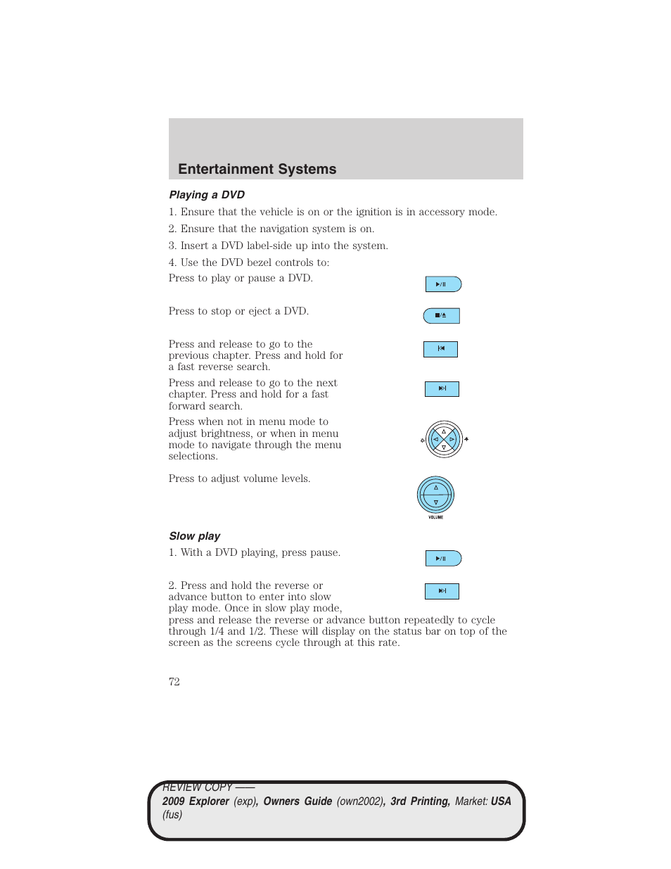 Playing a dvd, Slow play, Entertainment systems | FORD 2009 Explorer v.3 User Manual | Page 72 / 405