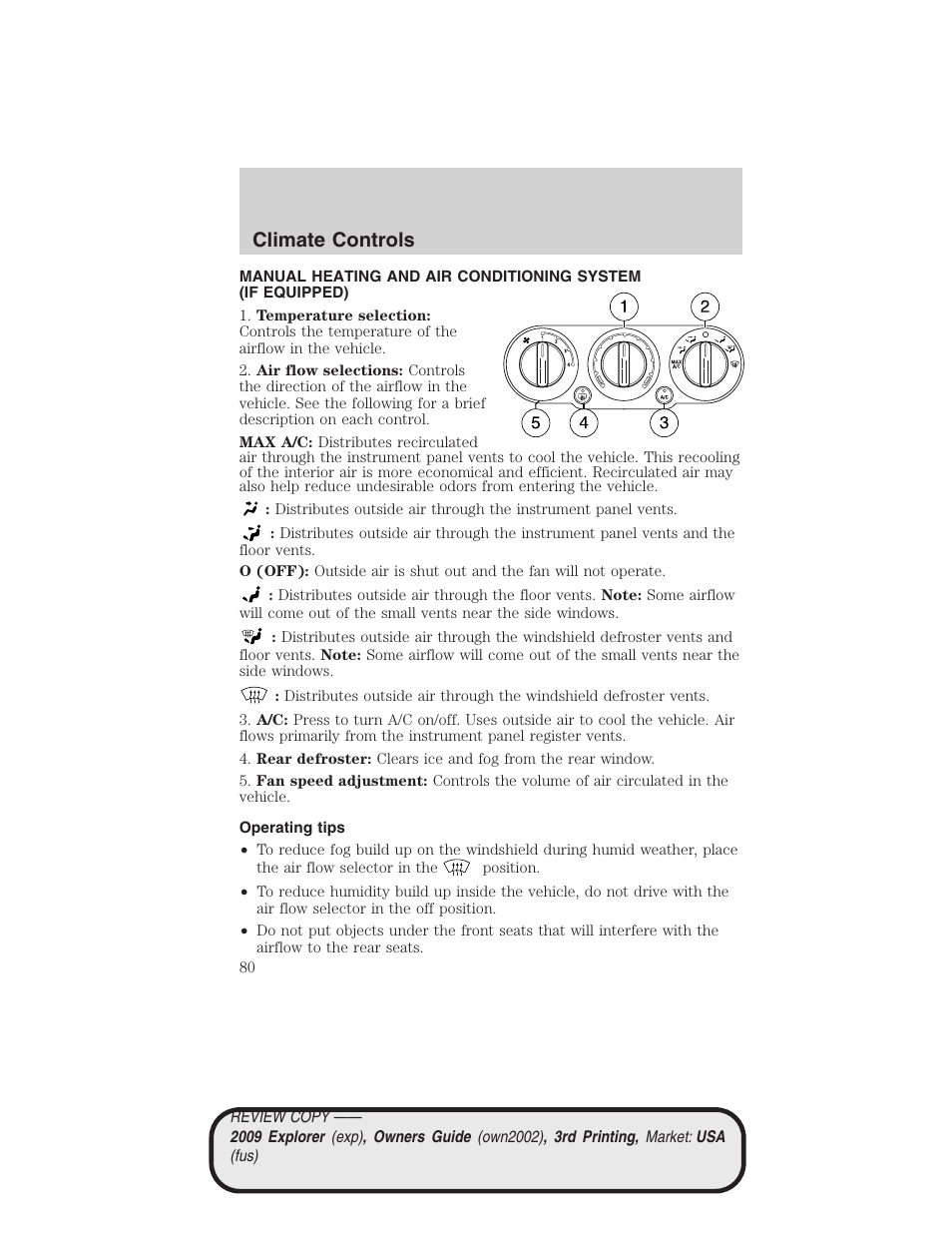 Climate controls, Operating tips, Manual heating and air conditioning | FORD 2009 Explorer v.3 User Manual | Page 80 / 405