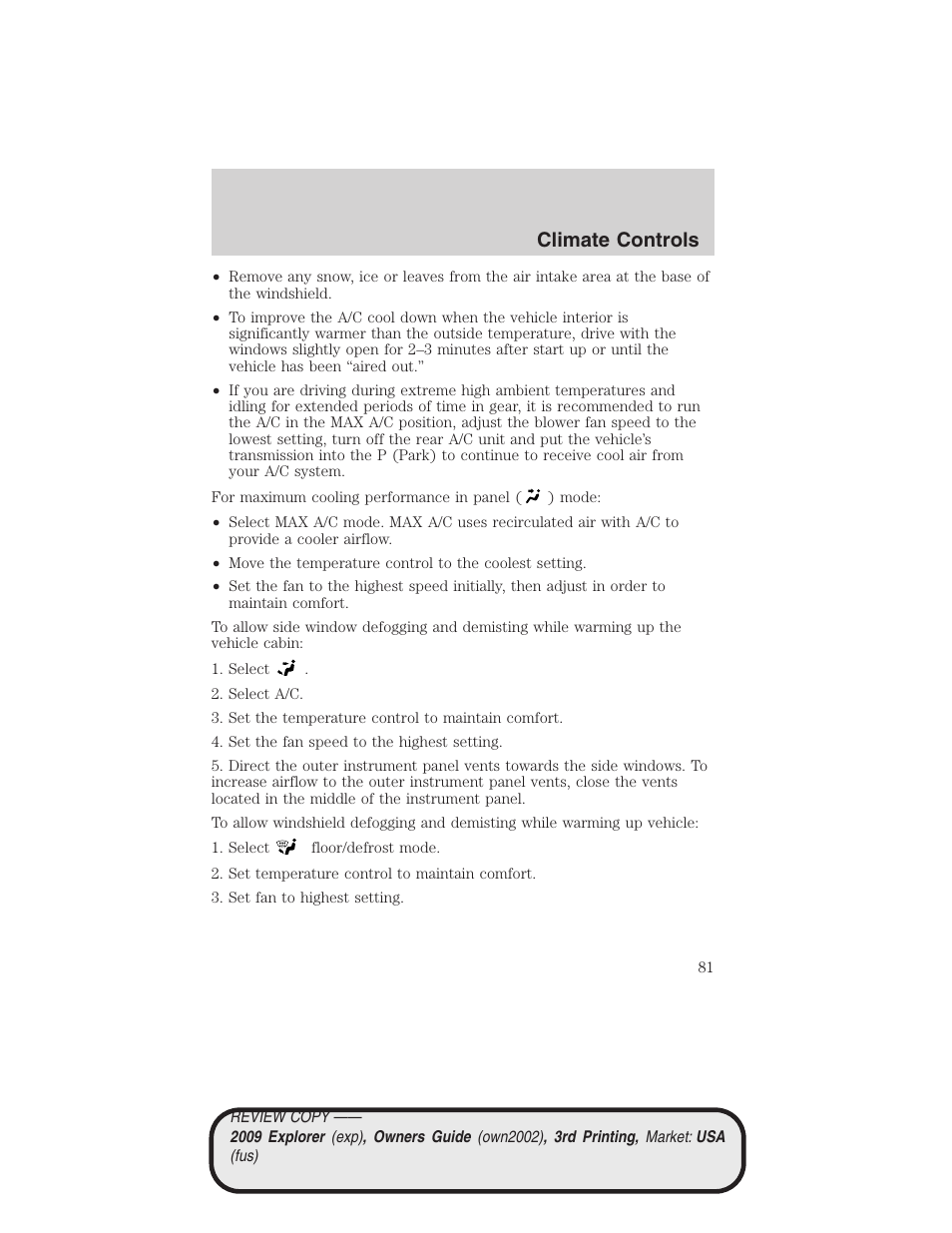 Climate controls | FORD 2009 Explorer v.3 User Manual | Page 81 / 405
