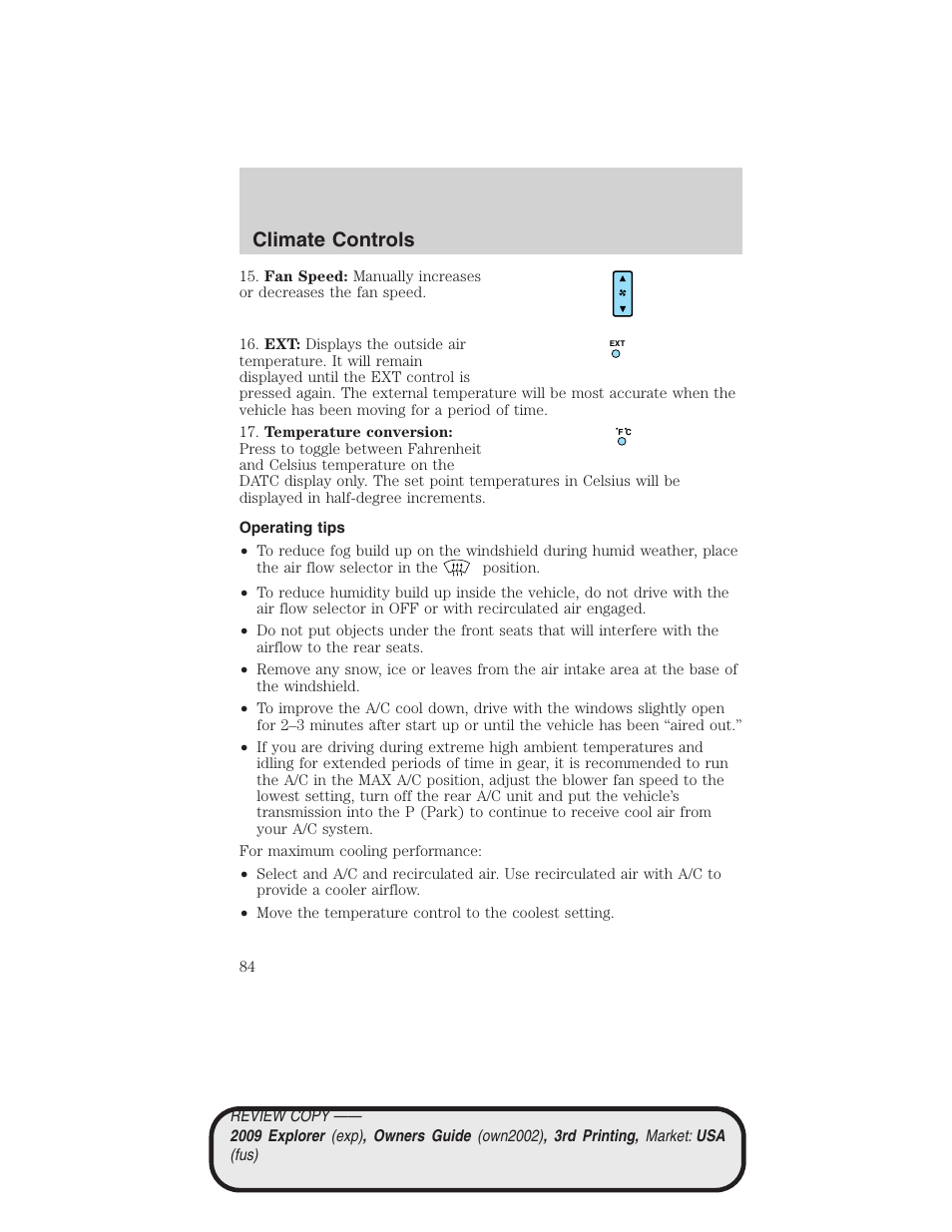 Operating tips, Climate controls | FORD 2009 Explorer v.3 User Manual | Page 84 / 405