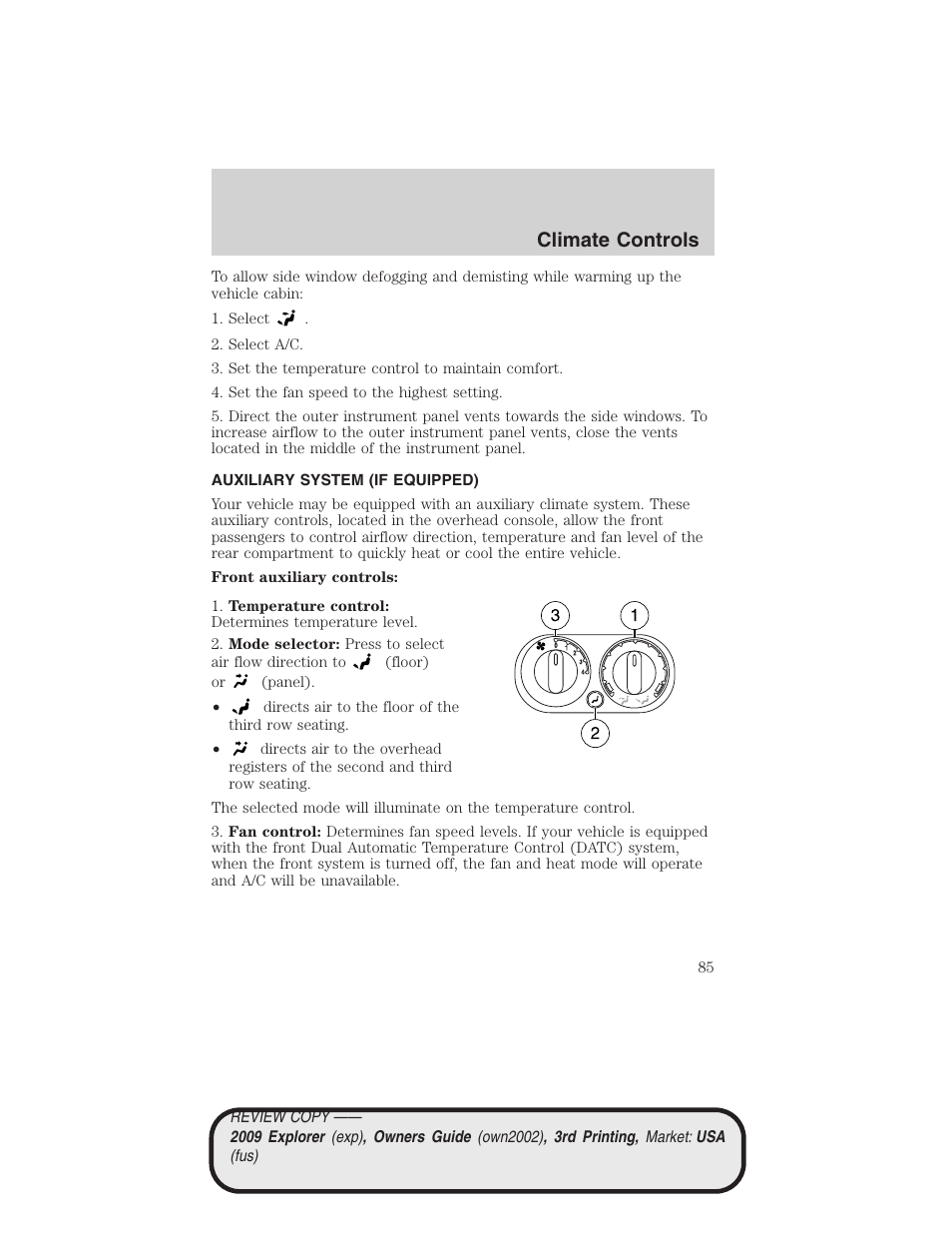 Auxiliary system (if equipped), Auxiliary passenger climate control, Climate controls | FORD 2009 Explorer v.3 User Manual | Page 85 / 405