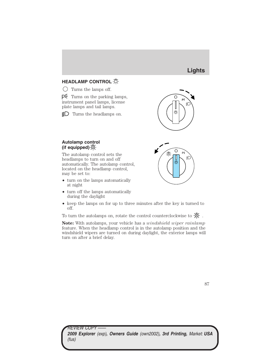 Lights, Headlamp control, Autolamp control (if equipped) | Headlamps | FORD 2009 Explorer v.3 User Manual | Page 87 / 405