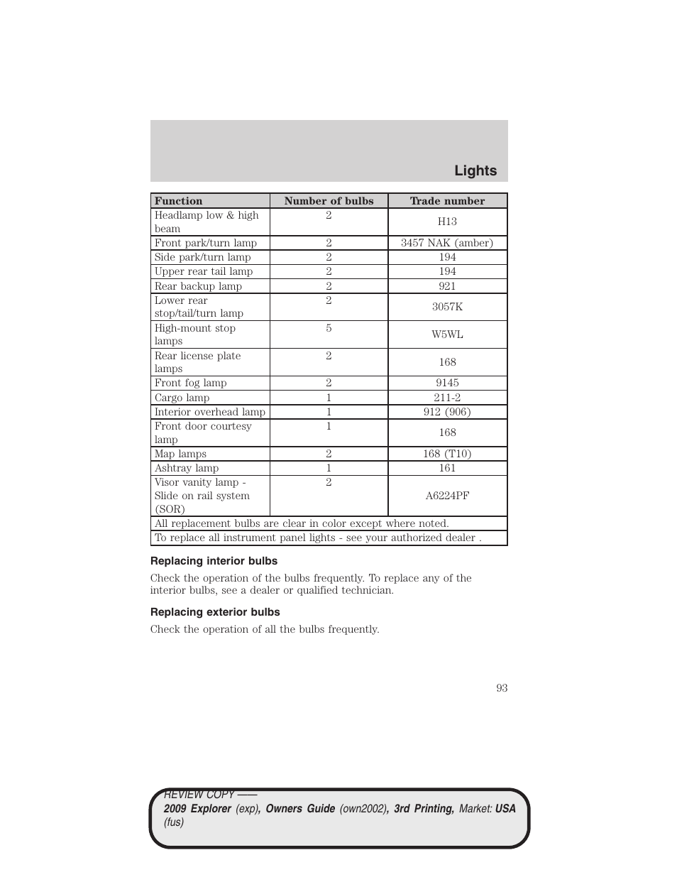 Replacing interior bulbs, Replacing exterior bulbs, Lights | FORD 2009 Explorer v.3 User Manual | Page 93 / 405