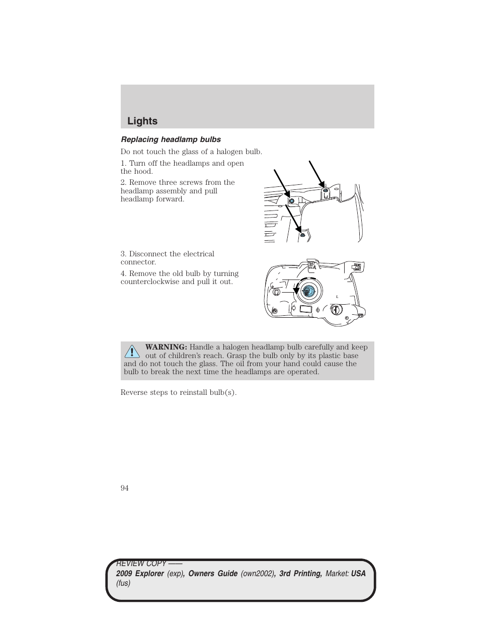 Replacing headlamp bulbs, Lights | FORD 2009 Explorer v.3 User Manual | Page 94 / 405