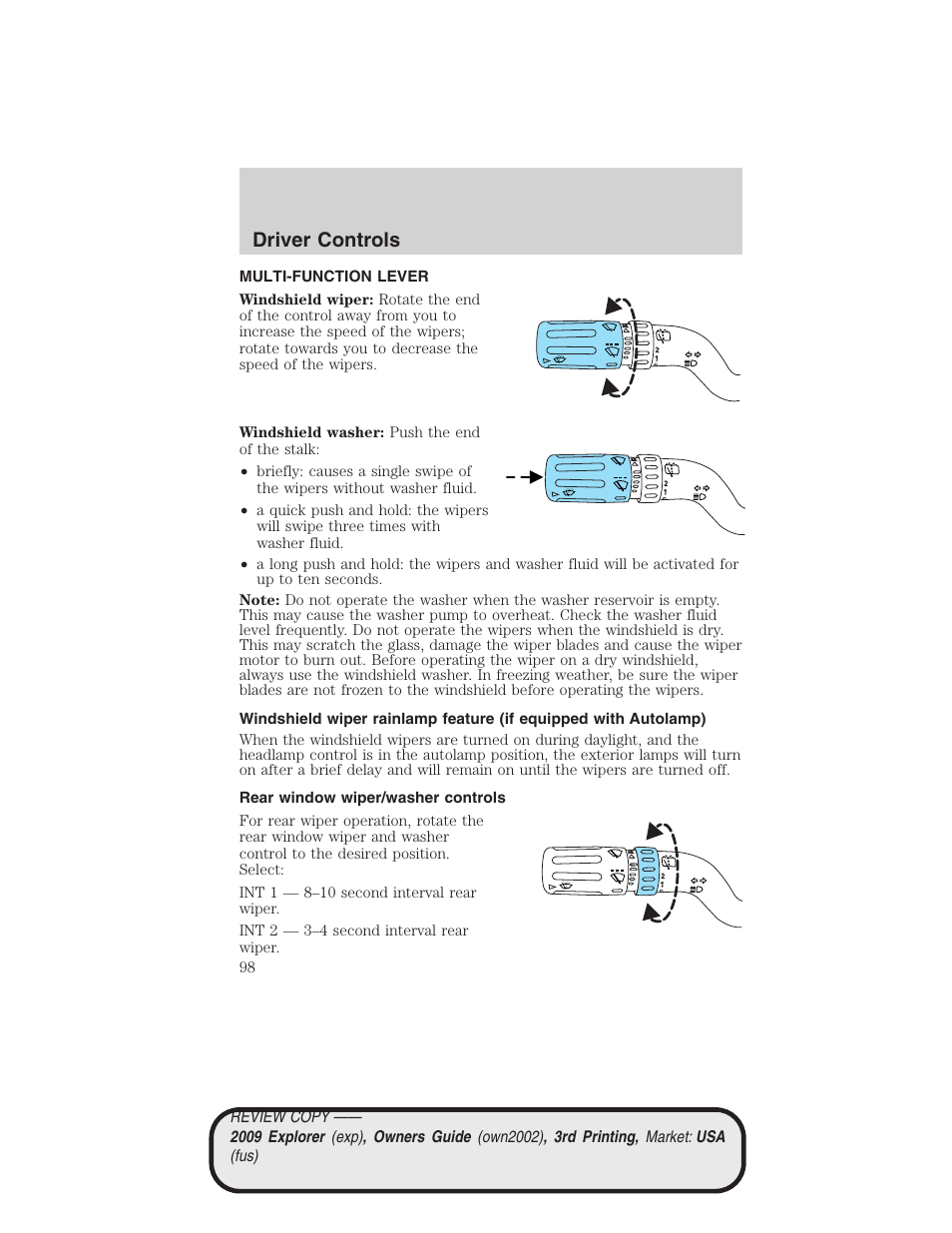 Driver controls, Multi-function lever, Rear window wiper/washer controls | Windshield wiper/washer control | FORD 2009 Explorer v.3 User Manual | Page 98 / 405