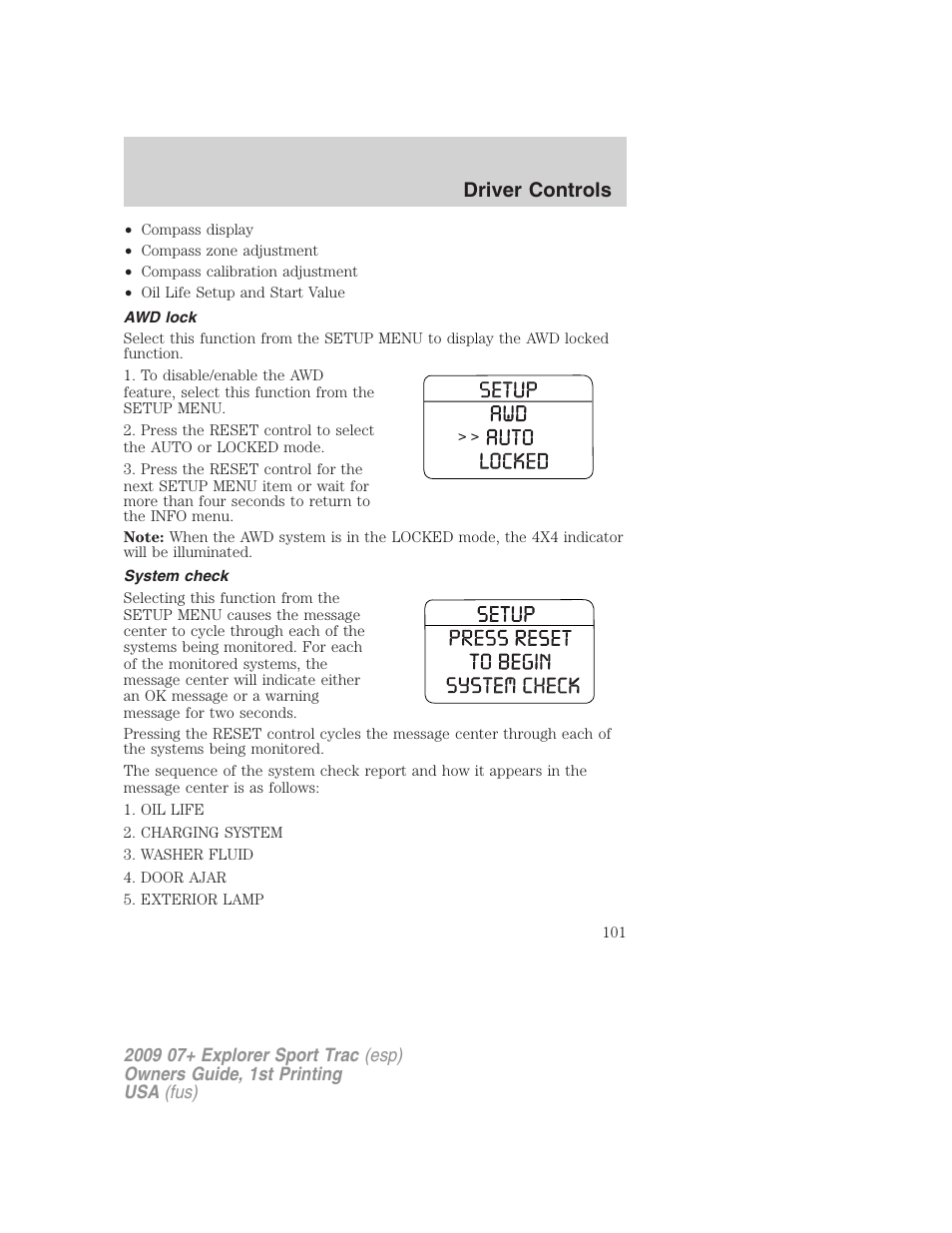 Awd lock, System check, Driver controls | FORD 2009 Explorer Sport Trac v.1 User Manual | Page 101 / 356