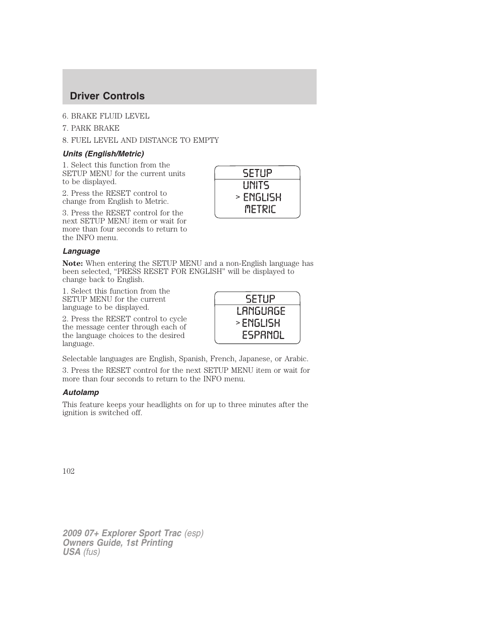 Units (english/metric), Language, Autolamp | Driver controls | FORD 2009 Explorer Sport Trac v.1 User Manual | Page 102 / 356