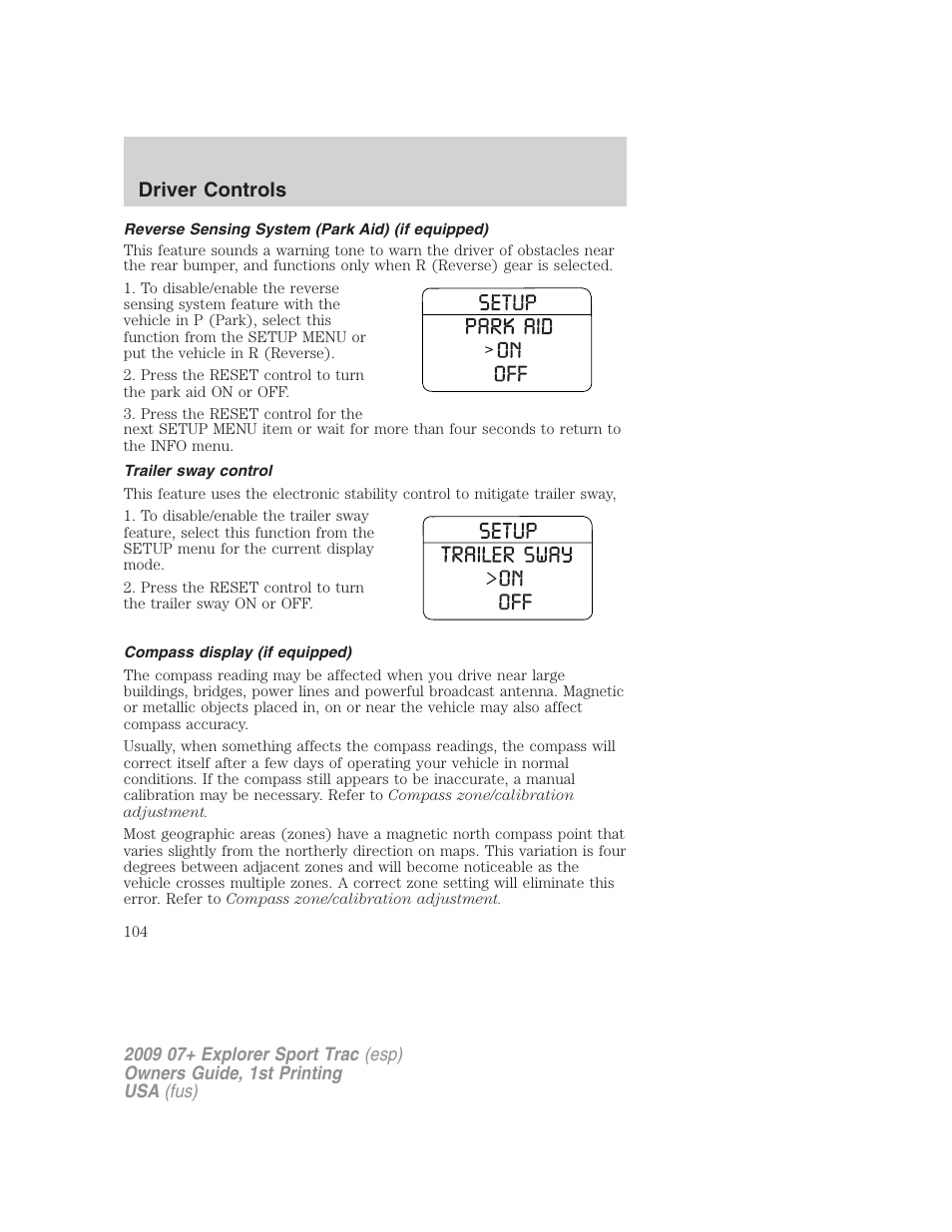 Reverse sensing system (park aid) (if equipped), Trailer sway control, Compass display (if equipped) | Driver controls | FORD 2009 Explorer Sport Trac v.1 User Manual | Page 104 / 356