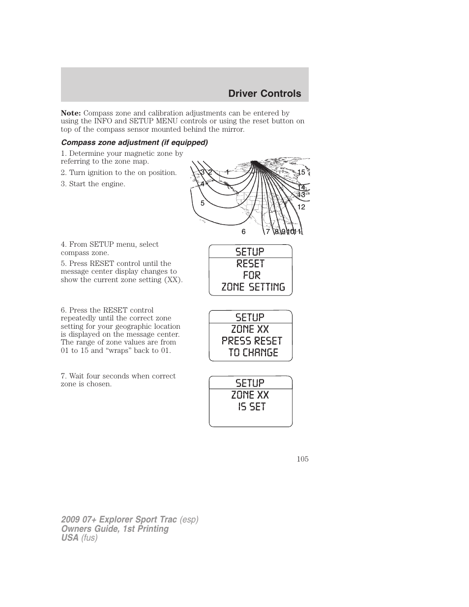 Compass zone adjustment (if equipped), Driver controls | FORD 2009 Explorer Sport Trac v.1 User Manual | Page 105 / 356