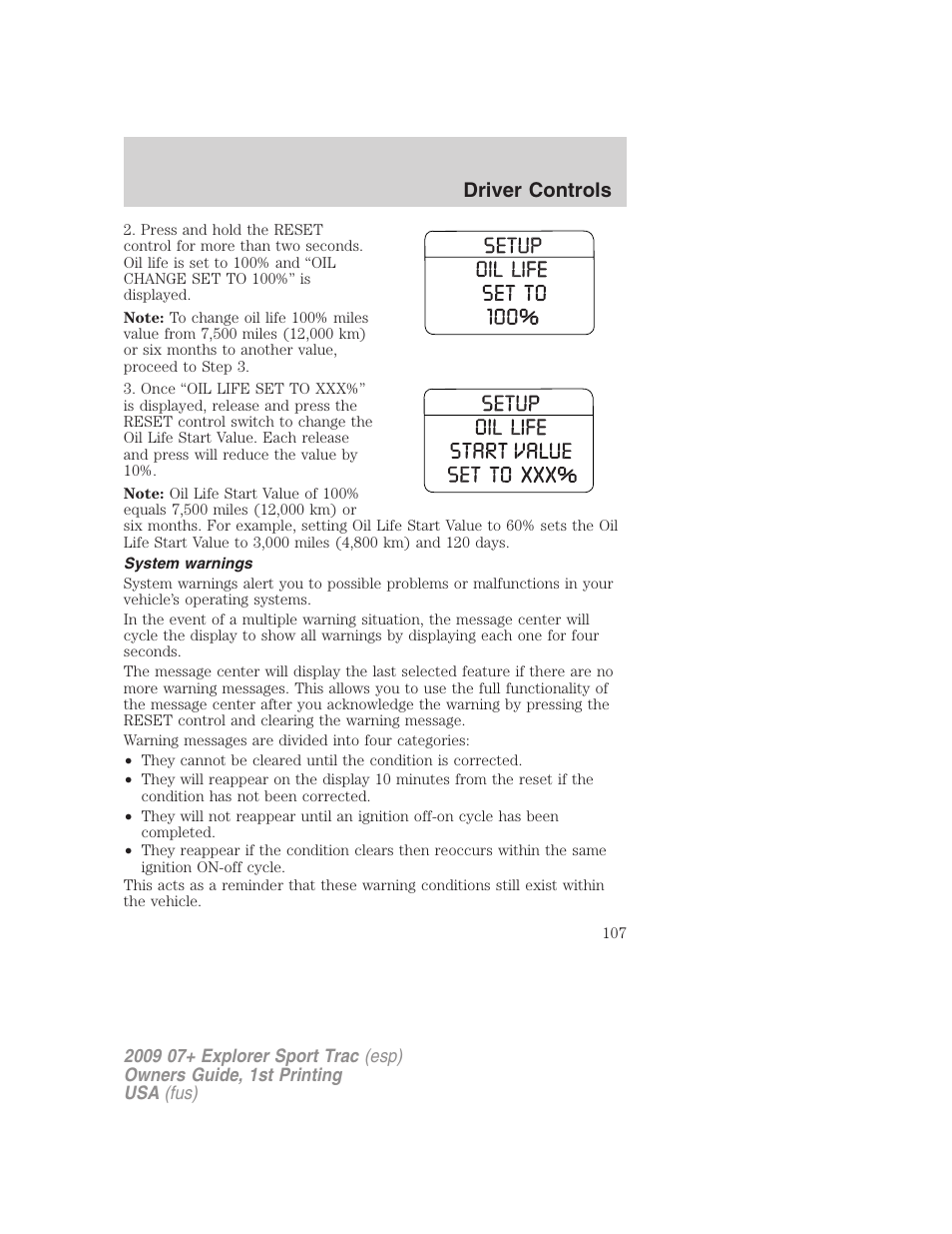 System warnings, Driver controls | FORD 2009 Explorer Sport Trac v.1 User Manual | Page 107 / 356