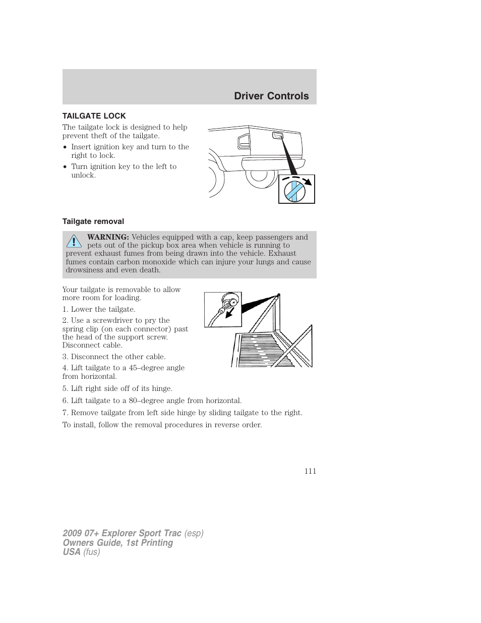 Tailgate lock, Tailgate removal, Driver controls | FORD 2009 Explorer Sport Trac v.1 User Manual | Page 111 / 356