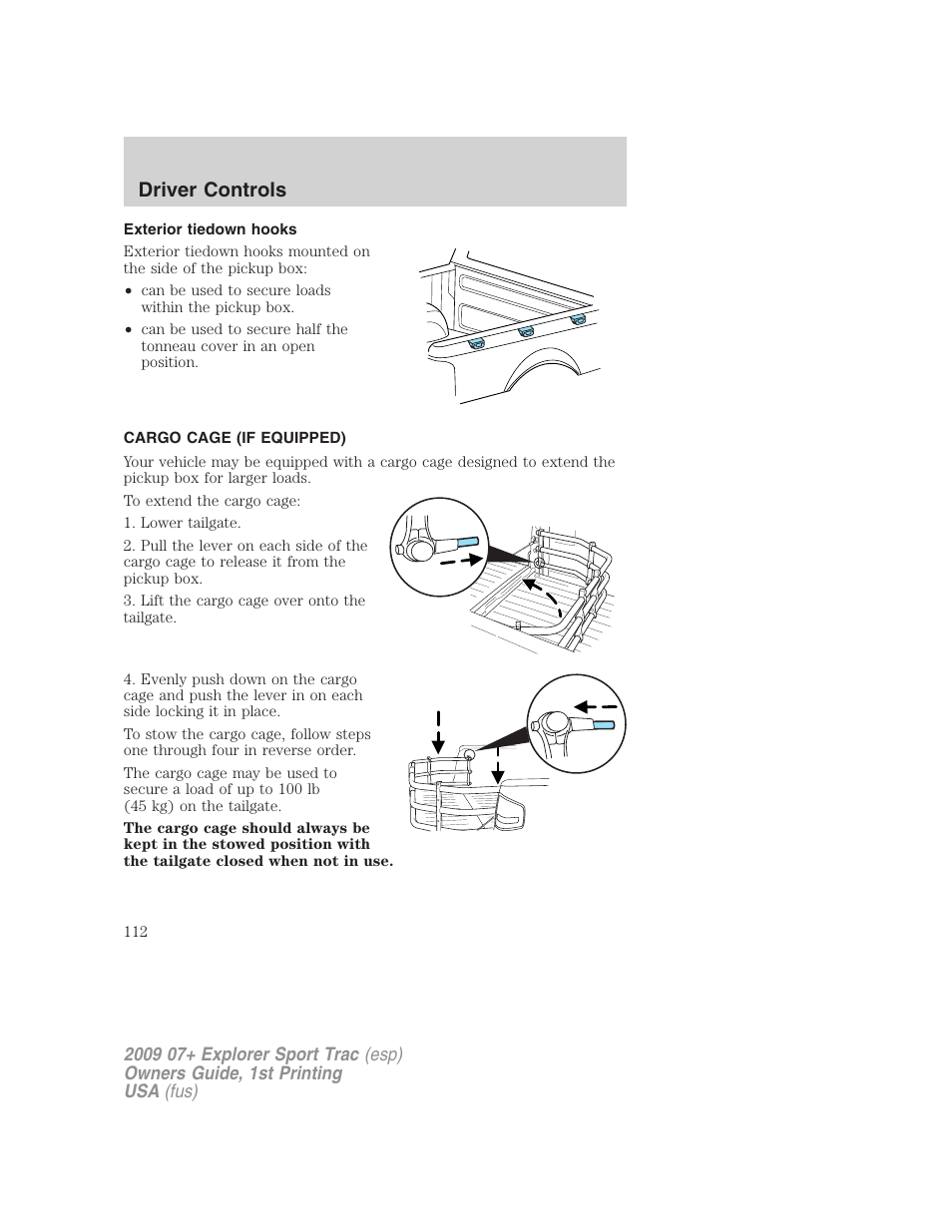 Exterior tiedown hooks, Cargo cage (if equipped), Driver controls | FORD 2009 Explorer Sport Trac v.1 User Manual | Page 112 / 356